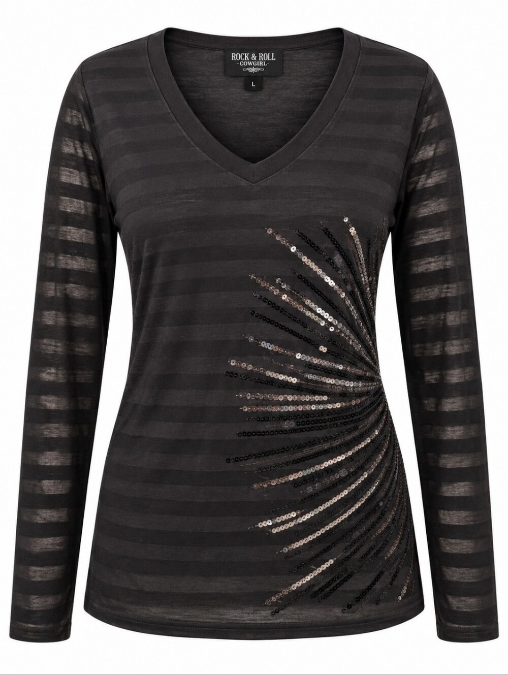 ROCK & ROLL COWGIRL | Black Sequin Burnout Stripe Sleeves Goth Festival LS | L‎